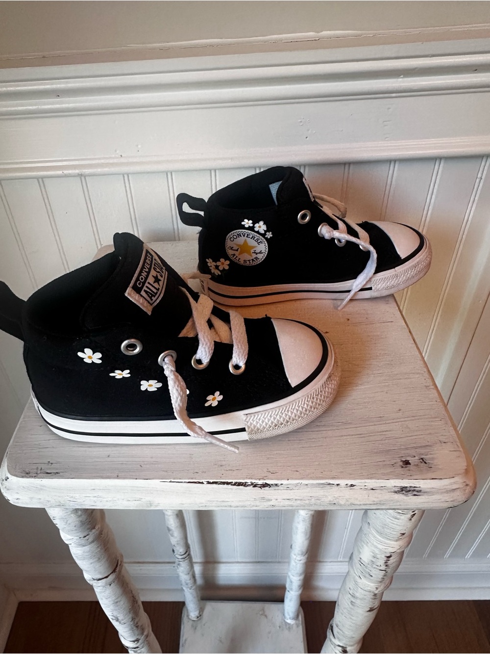 Converse Kids Black High-Top Sneakers with White Daisies
